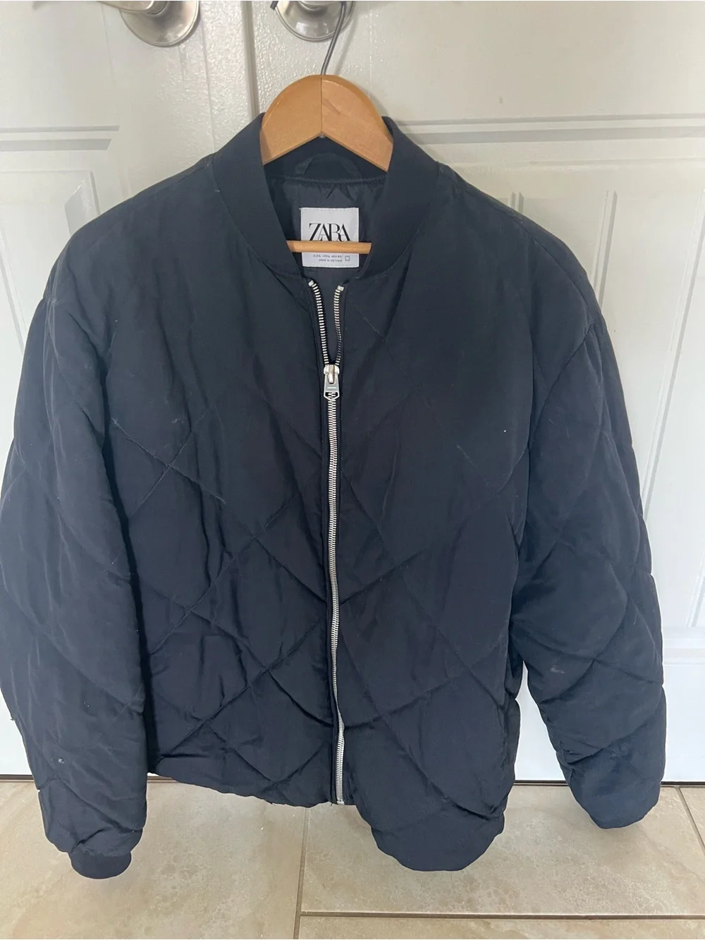 Zara Black Quilted Jacket with Silver Zipper - Picture 1 of 2
